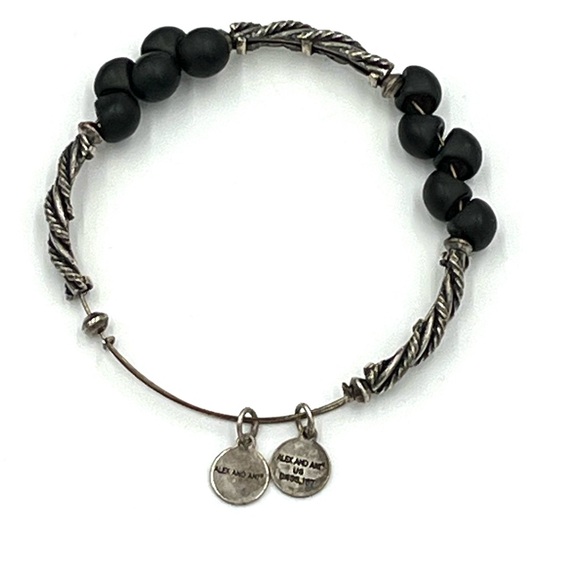 ALEX & ANI SILVERTONE EXPANSION BANGLE W/BLACK CAVIAR BEADS TWISTED ROPE DESIGN - Picture 2 of 8
